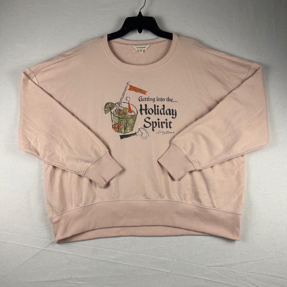 Lucky Brand Holiday Spirit Pink Graphic Sweatshirt XL Festive Cocktail Pullover